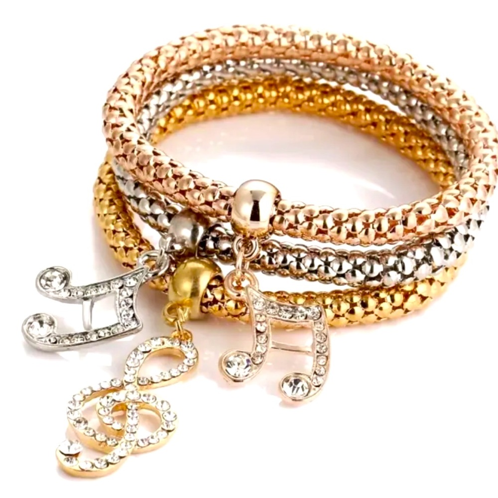 3 Piece Silver Rose Music Notes Bangle Bracelet